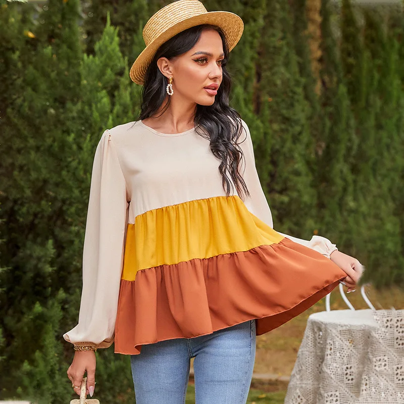 

2021 spring new women's three color splicing round neck casual loose long sleeve T-shirt blouse Free shipping