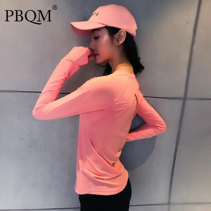 

PBQM свисающая женская спортивная футболка с длинным рукавом быстросохнущая с полумолнией для бега костюм для йоги тренировочный костюм с кр...