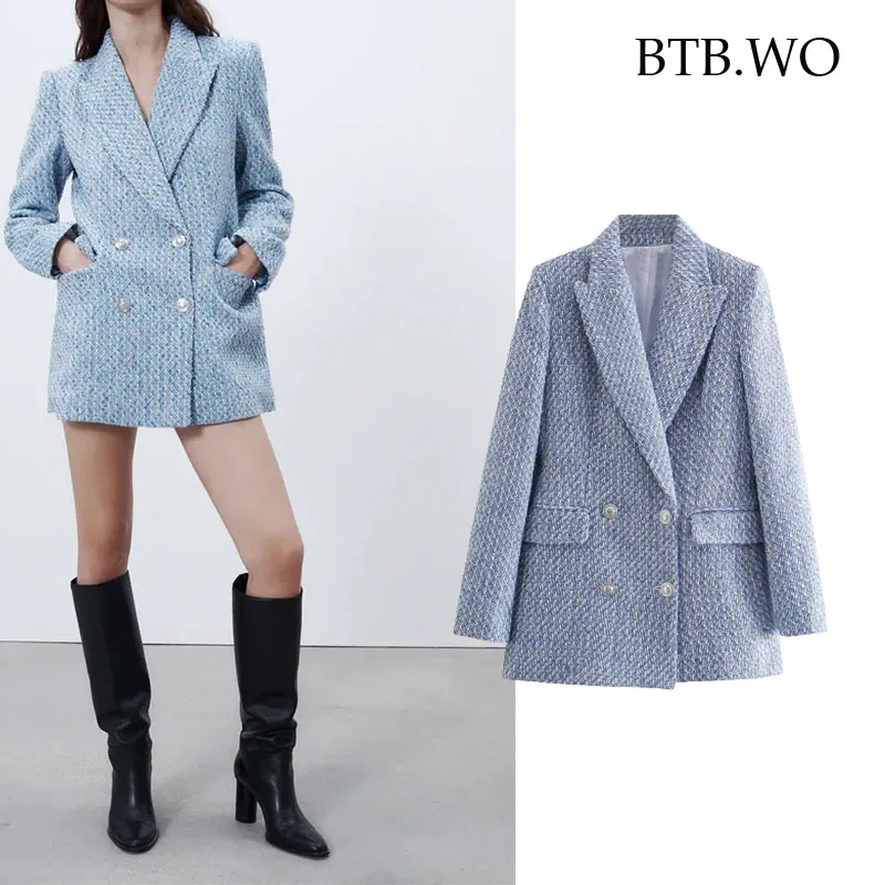 

BTB.WO Za 2021 Blue Tweed Blazer Woman Double Breasted Elegant Office Blazers Autumn Coat Women Vintage Long Sleeve Jacket