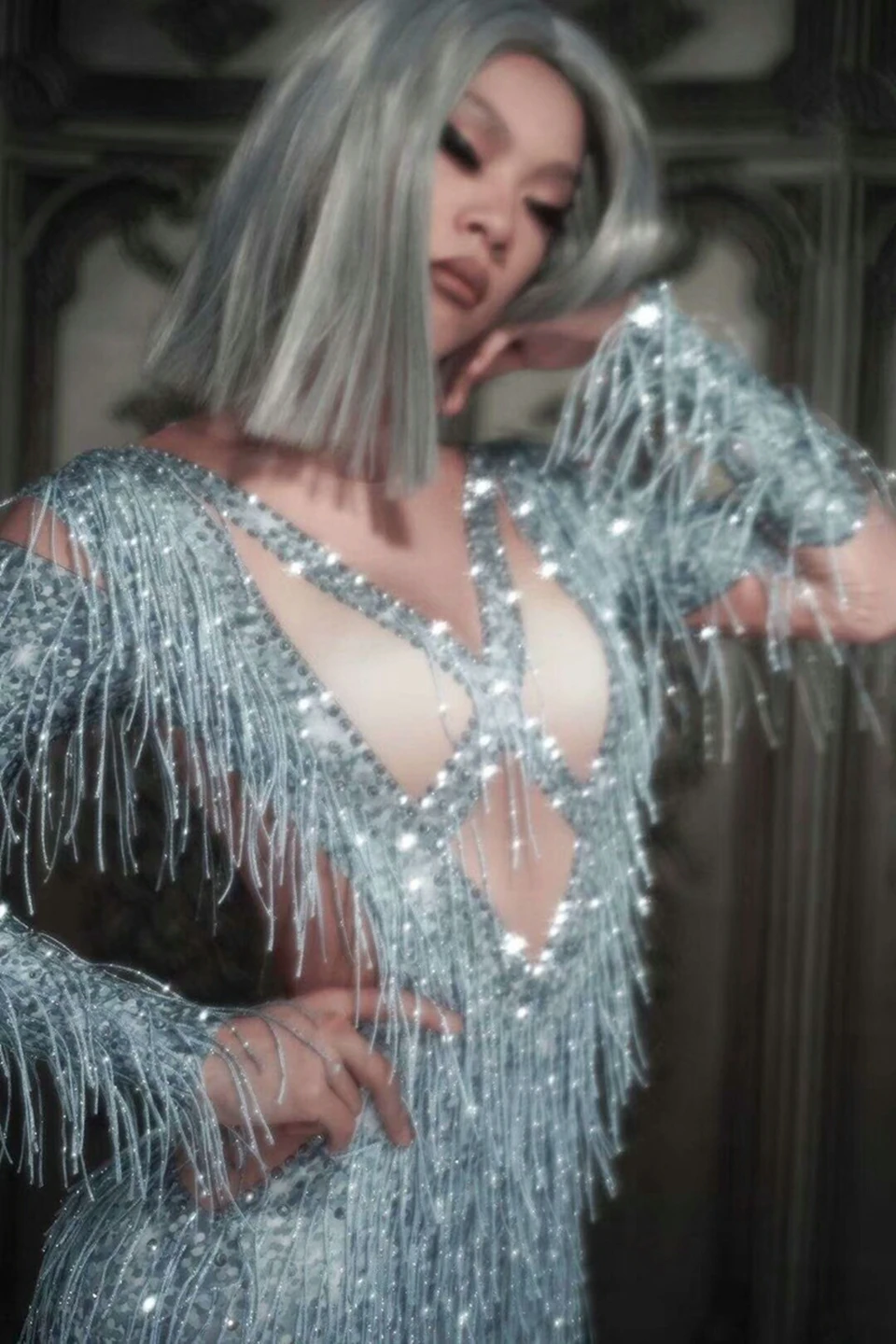 Новинка 2019 женский комбинезон с кисточками блестящая танцевальная одежда стразы