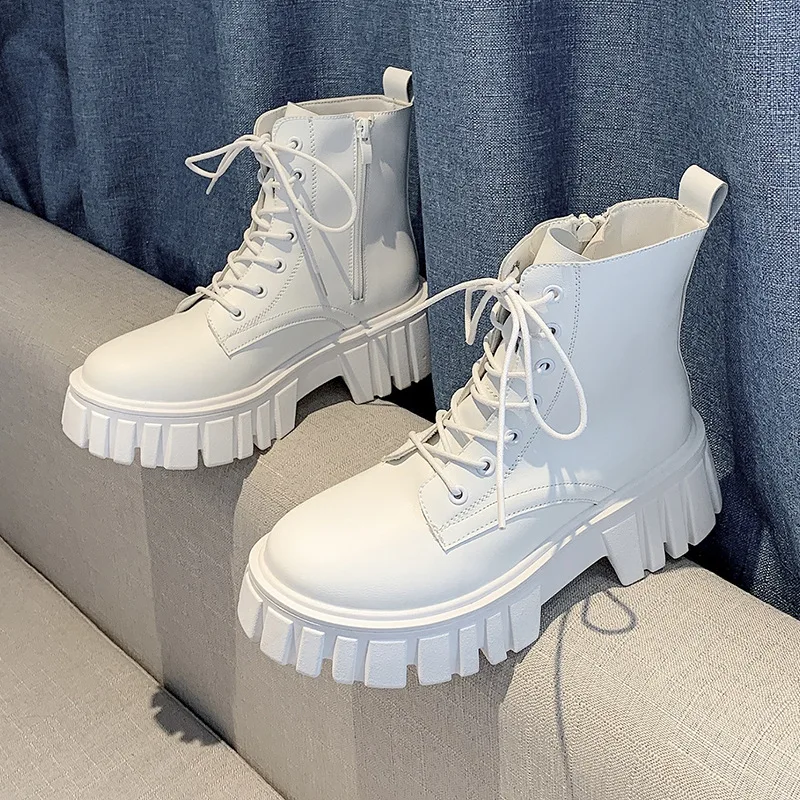 Женские ботинки на платформе, 6 ботинок, осень 2021, новая Белая обувь изискусственной кожи, женские ботильоны на шнуровке