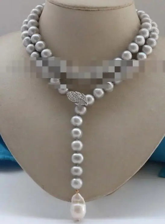 

Jewelry 34" Natural 9-10mm gray Round Pearl Necklace Reborn pearl pendant 925silver