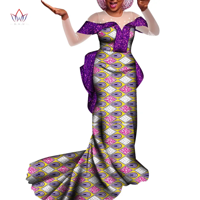 Bintarealwax Wedding Party Dashiki Floor Length Elegant Lady Clothing New Trend 2021 Peals Female African ClothingWY8534