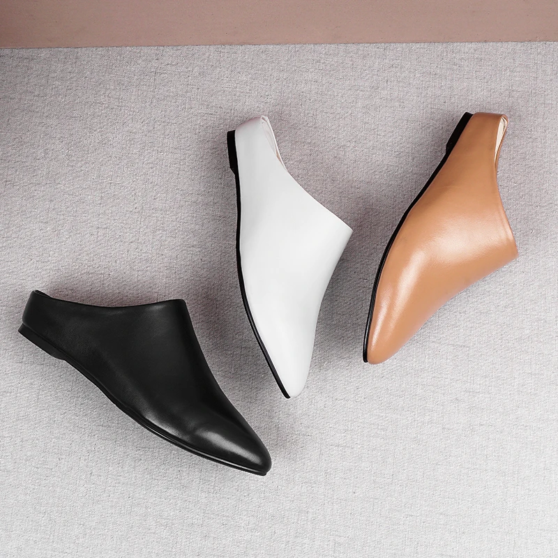 Женские шлепанцы из бычьей кожи на низком каблуке|Тапочки| |