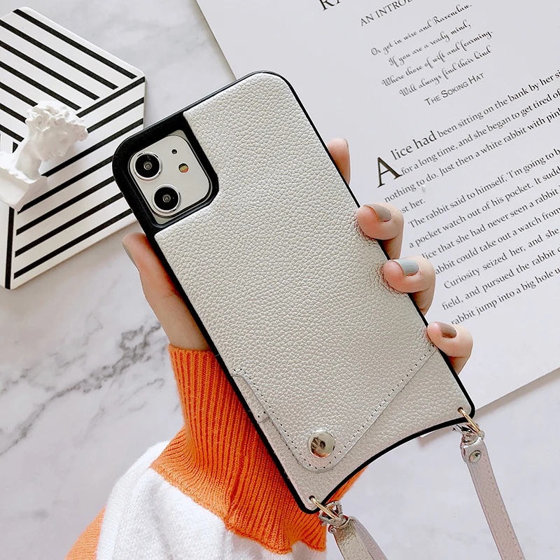 

Lychee Pattern Crossbody Lanyard Leather Phone Case For iPhone 13 12 11 Pro Max Card Slot Cover For iPhone 7 8 Plus X XR XS Max