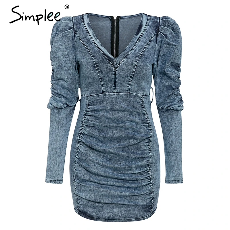 Simplee женское джинсовое облегающее платья рукавом платье v образным вырезом Осень