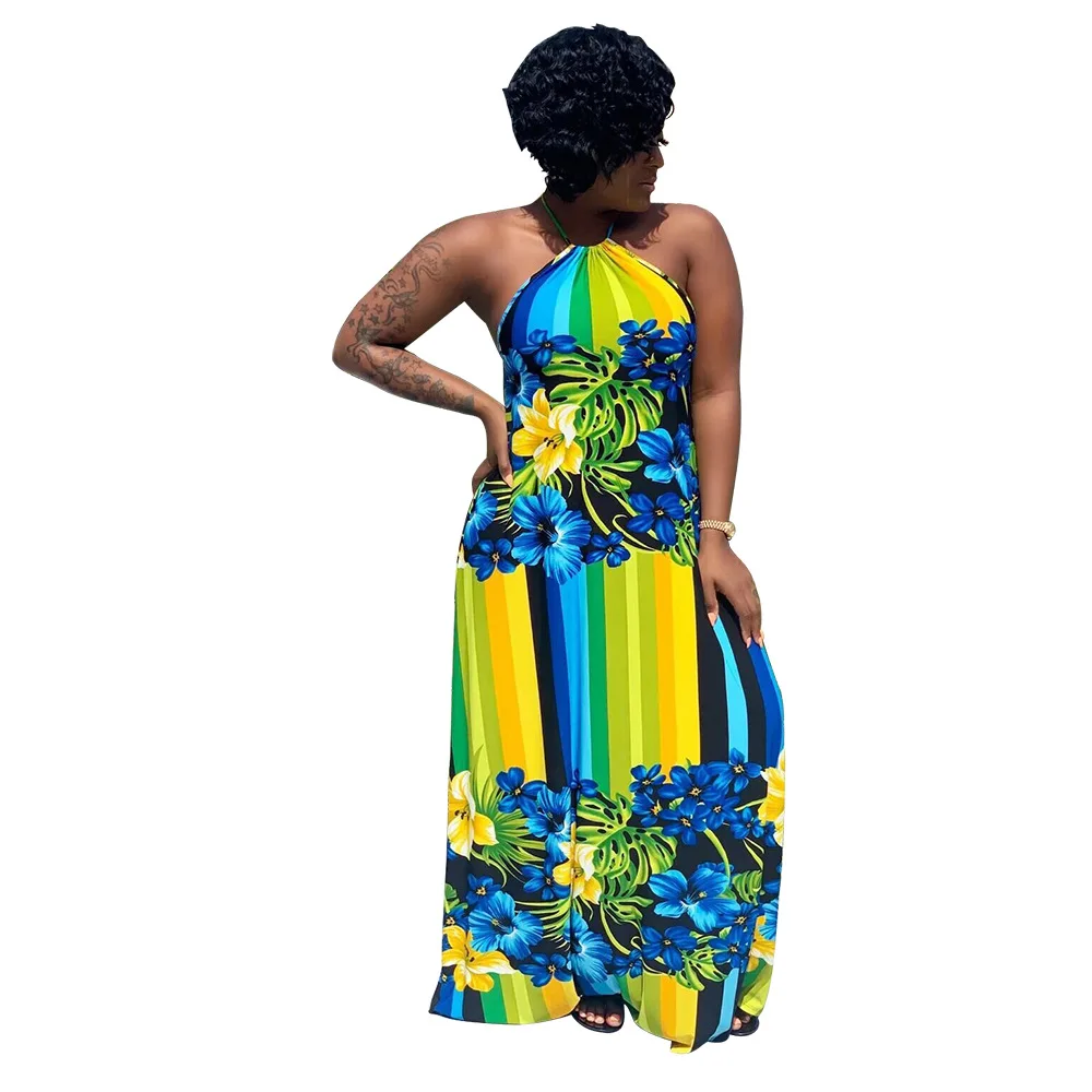 

European and American New Symmetrical African Totem Printed Striped Flower Dress Sexy Backless Halter Strap Dress