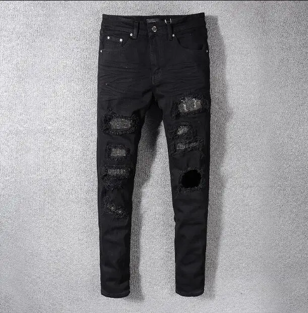 Skinny Brand Men's Slim Ripped Jeans for Men Crystal Rhinestone Men Skinny BikerJeans Patchwork Patch Stretch Jeans 565