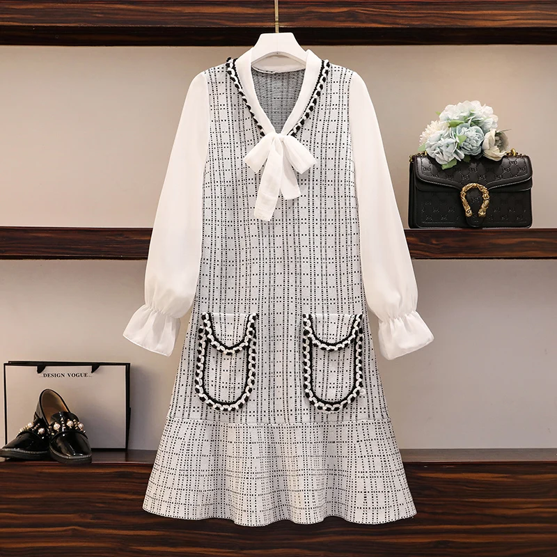 Плюс размер 2020 осенне зимний свитер клетчатое платье женское трикотажное