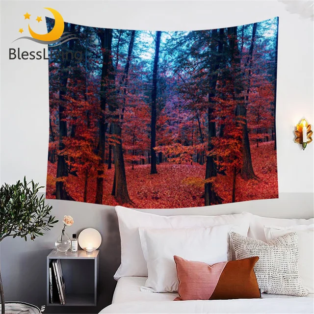 BlessLiving Nature Tree Tapestry Maple Forest Wall Hanging 3D Scenic Home Decoration for Bedroom Living Room Red Bedspreads 1