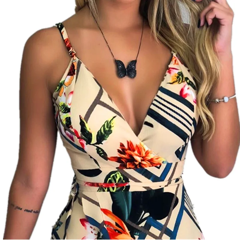 

2021 slim temperament printed suspender jumpsuit women's shorts woman pants