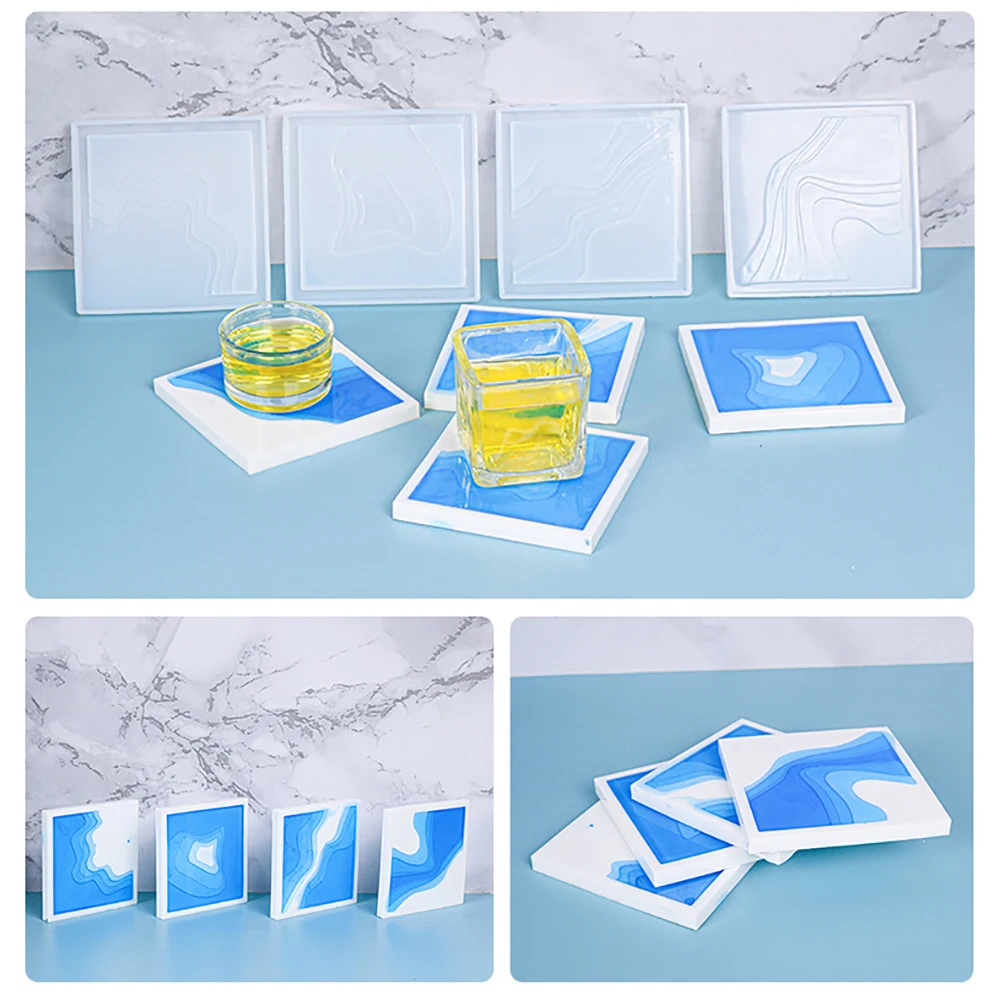 4PCS Coasters Silicone Mold Square Island Tray UV Epoxy Resin Molds DIY Jewelry Accessories Decorations Making