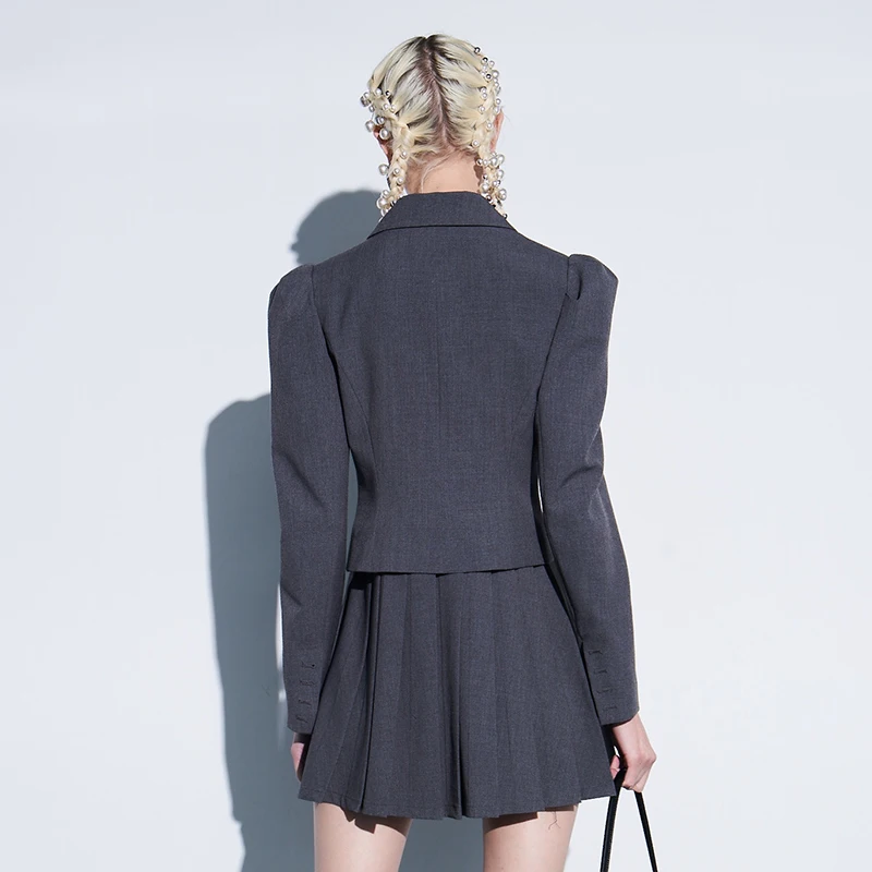 

VGH Pleated Asymmetrical Casual Dress Females Notched Long Sleeve High Waist Fashion Mini Dresses For Women 2021 Spring Clothing