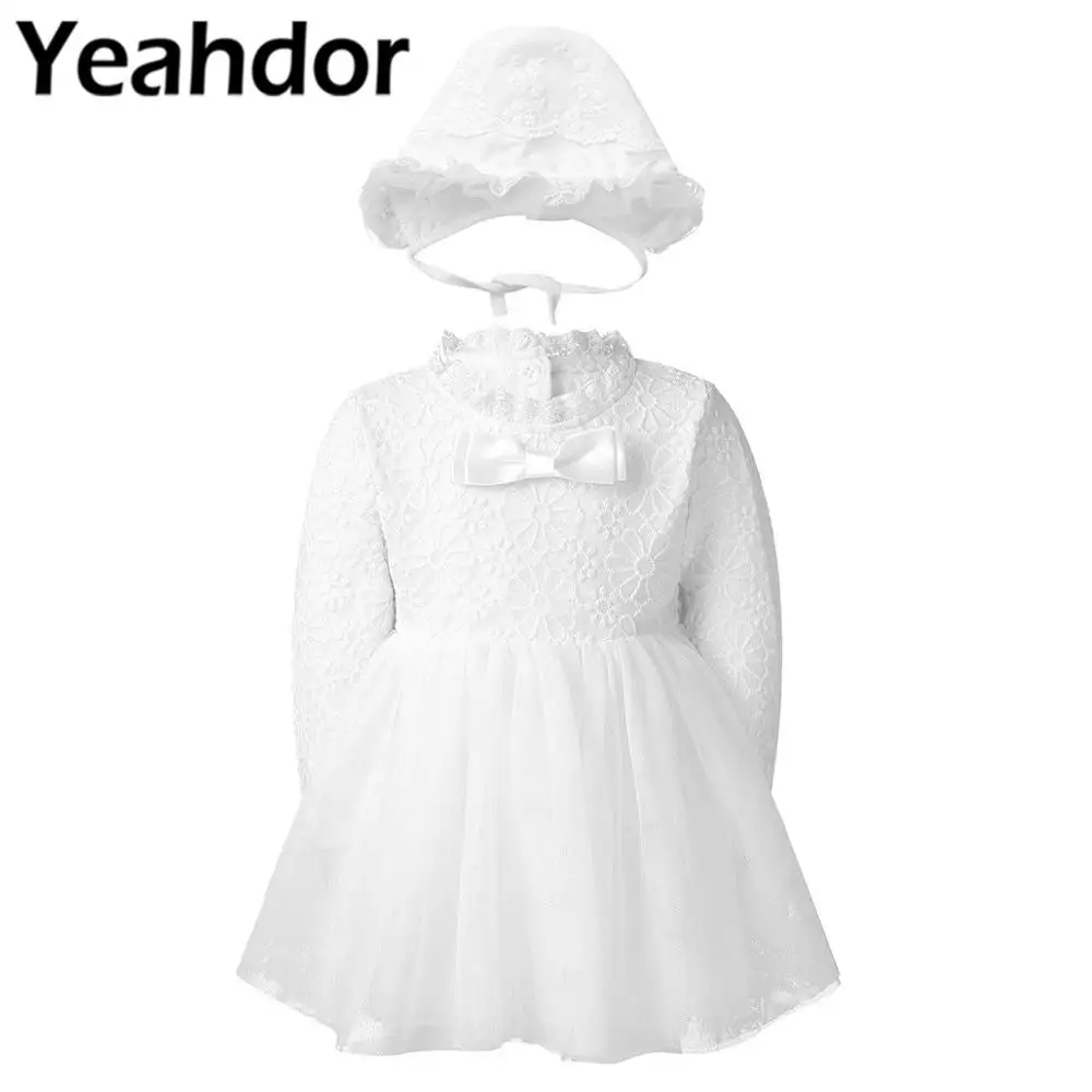 

Infant Baby Girls Romper Dress with Beanie Cap Toddlers Long Sleeves Lace Embroidered Dress for Christening Baptism Party Dress