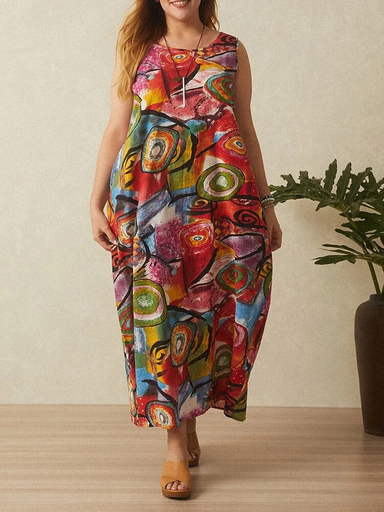 

2021 woman summer sundress new round neck Pullover ethnic style printed large sleeveless women dress plus size long dresses lady