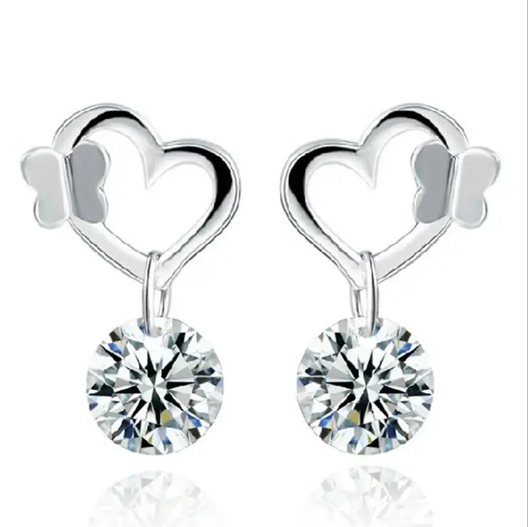Серьги гвоздики из серебра 925 пробы с фианитами в форме сердца|Серьги-гвоздики| |