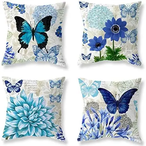 

LuckyCow Easter Blue Butterfly Figure Embellished Graphic Decorative Square Accent Pillow Case Light Blue Dark Blue Gold