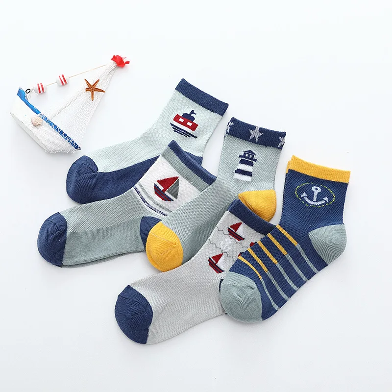 Calcetines de algod&oacute;n para ni&ntilde;os y ni&ntilde;as de 3 a 15 a&ntilde;os, medias de malla transpirable para primavera y verano, 5 par/lote, novedad de 2019-1
