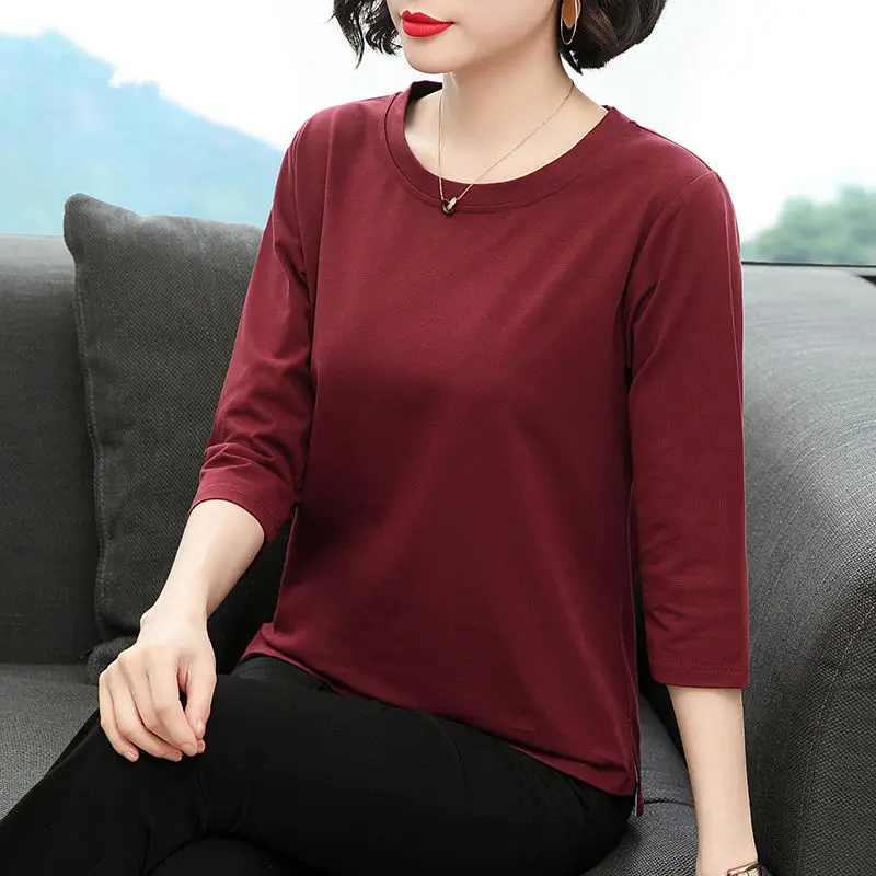 Cotton 2020 spring new small shirt fashion loose solid color seven sleeve T-shirt middle top | Женская одежда