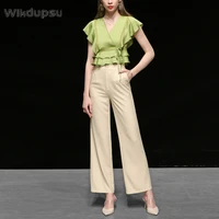 elegant summer women 2 two piece sets v neck ruffle blouse top and pants suits office ladies work wear fashion pantsuit clothes