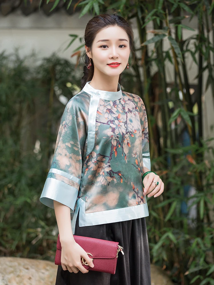 

Women Traditional Chinese Style Elegant Fashion Cheongsam Top Female Print Oriental Clothing Casual Blouse Retro Hanfu Tang Suit