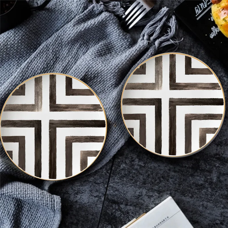 Bone China Plate Round Food Tray Dinner Set Cross-Border Pattern Restaurant Grid Gold Dish Assiette Porcelain | Дом и сад