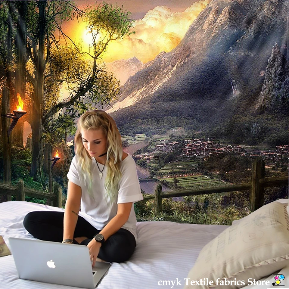 Настенный гобелен с деревней под горами настенная подвеска Декор художественный