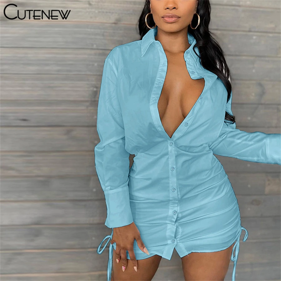 

Платье-рубашка женское однотонное с отложным воротником и длинным рукавом