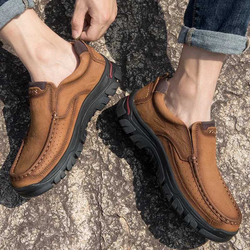

Genuine Leather Men's Shoes Lace-up Man Outdoor Casual Shoes lace up fashion Comfortable Thick Bottom Non-slip Male Shoes