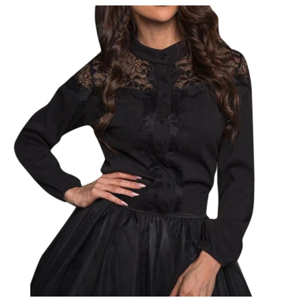 Женская Летняя туника с длинным рукавом черная элегантная кружевная блузка