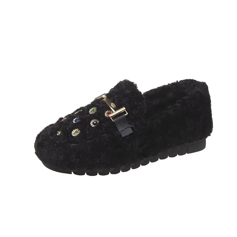 

Women Korean Shoes Elegant Crystal Soft Female Footwear Casual Sneaker Loafers Fur Round Toe 2021 Rhinestone Moccasin New Winter