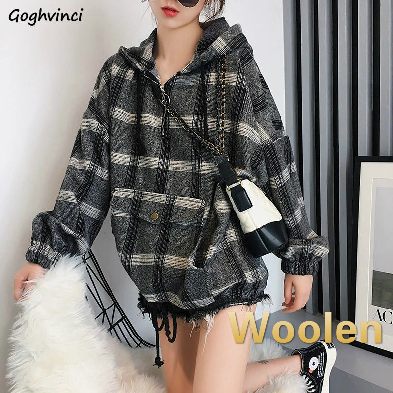 

With Hat Hoodies Women Plaid Autumn Winter Chic Zipper Front Pocket Students Wool Casual Harajuku Ins 2XL Loose Warm Sweatshirts