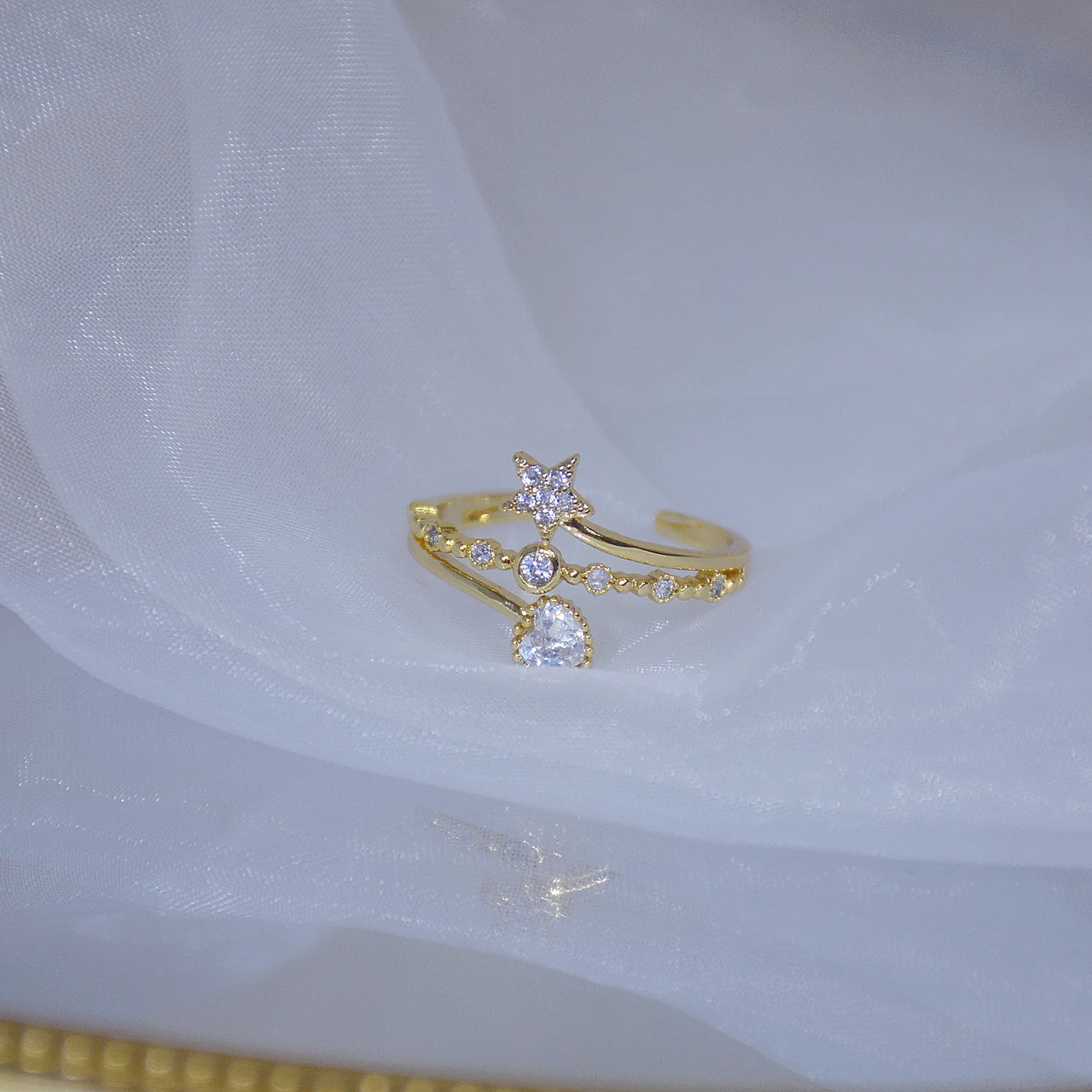 

Romantic Delicate Shine CZ Star Heart Ring for Women Girl Adjustable Fashion 14k Real Gold Bling Zircon Rings Jewelry Pendant