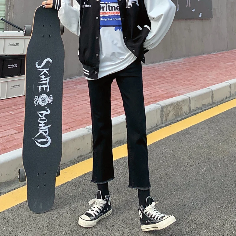 

Женские черные джинсы с завышенной талией, новинка 2021, свободные штаны в стиле ретро, стройнящие, с прямыми штанинами