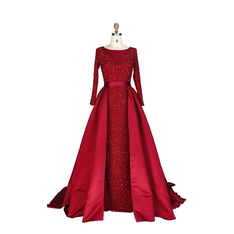 Luxury Long Sleeve Prom Dress Sheer Bateau Neck Beaded Sequins Navy Blue Red Prom Party Gowns Attached Train