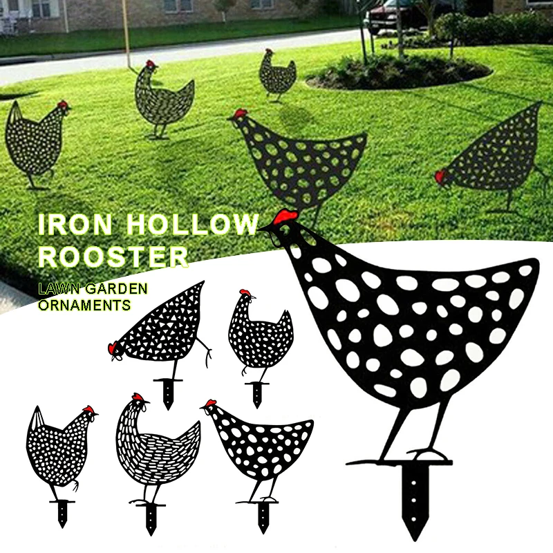 

Metal Iron Chicken Statue Outdoor Yard Garden Insert Art Decoration Ornament Adorable Chickens With Hollow Design