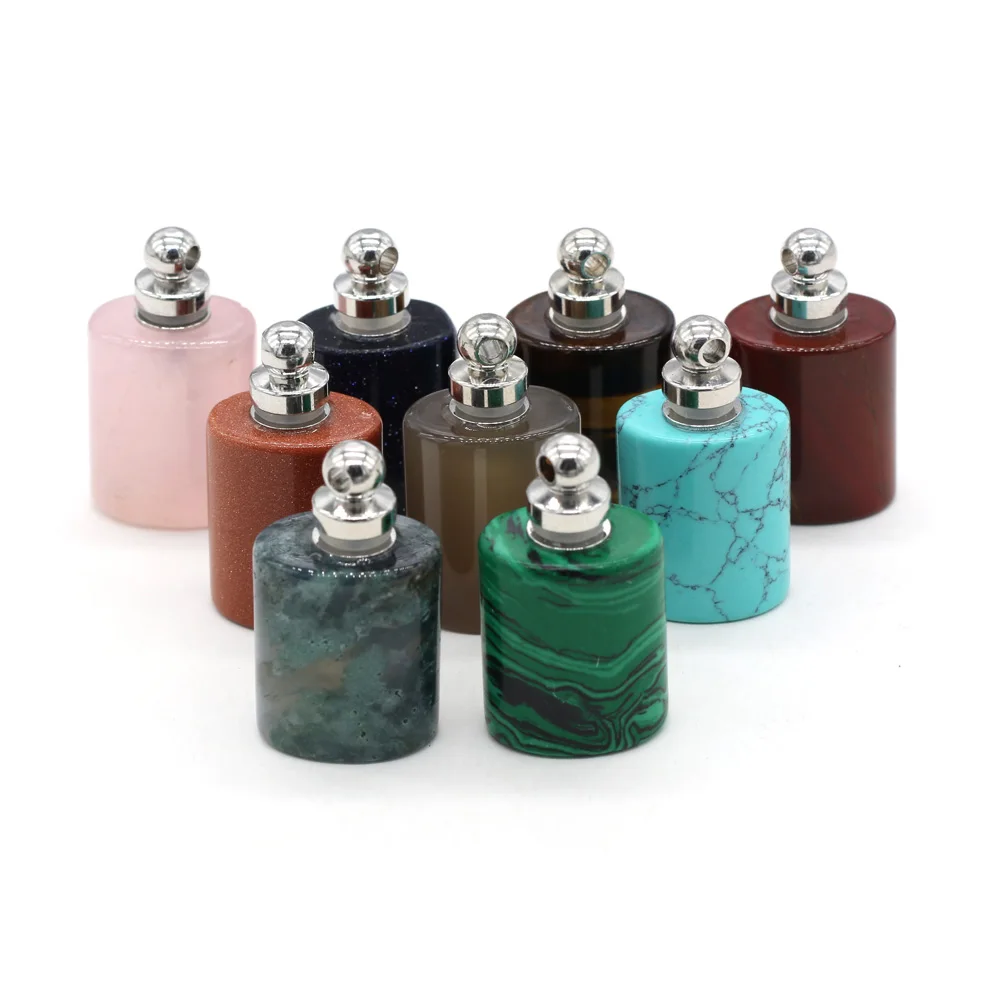 

Natural Rouse Quartz Grey Agates Oil Diffuser Perfume Bottle Pendants Oil Diffuser Pendant Flat Column Shape for Making Necklace