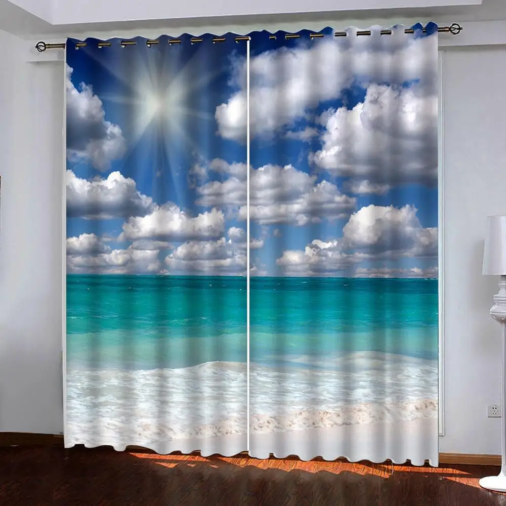 

Custom Modern Living Room bedroom kitchen Curtains 3d Sea blue sky white clouds photo Blackout Window Drapes 3D Curtain