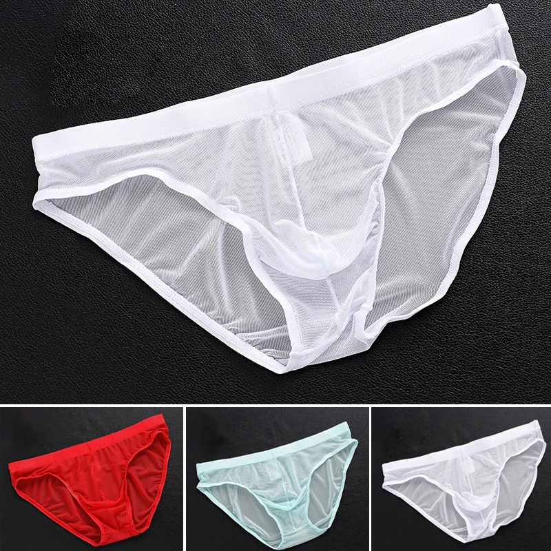 Men's Sexy Underwear Ultrathin Tulle Netting Transparent Elastic Lingerie Briefs Underpants Panties Black Red White One Size