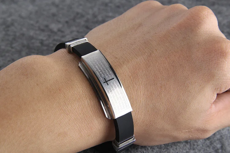 

Retro Bible Cross Men's Bracelet Stainless Steel Clasp Silicone Wristband for Men Scripture Christian Religious Jewelry Gift