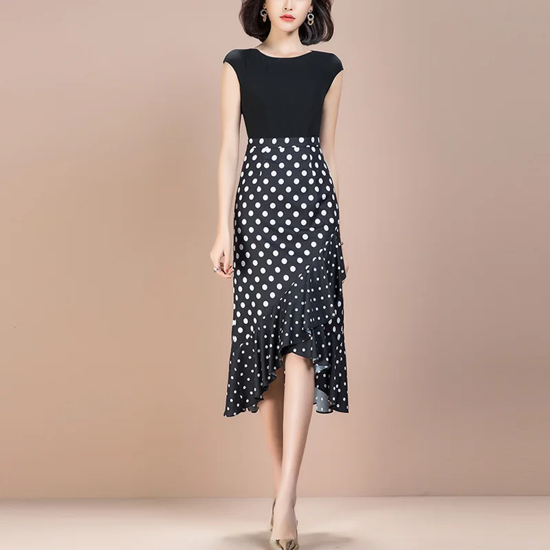 

Fashion 2021 New White Dots Sleeveless Patchwork Casual Women Summer Dress