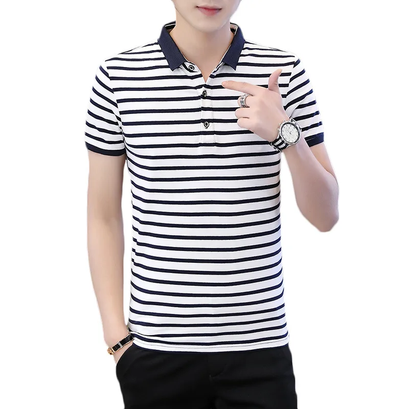 

2021 summer new men's ice silk POLO shirt casual fashion all-match striped plaid printed short-sleeved khaki high-quality shirt