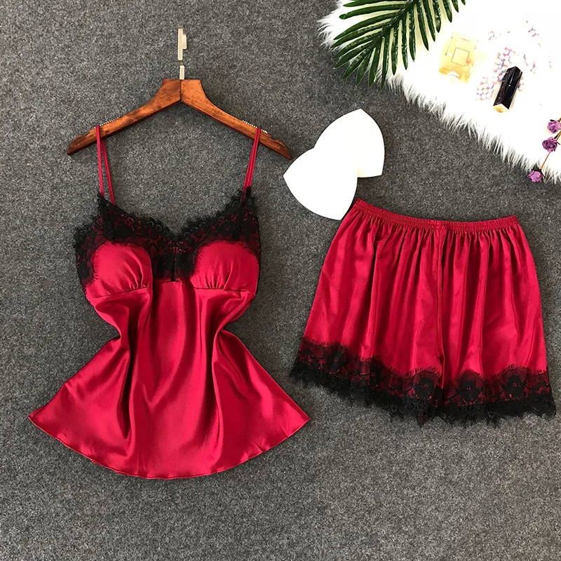 

Сексуальные женские кружевные пижамные комплекты с открытой спиной из искусственного шелка с глубоким v-образным вырезом, комплект для сна из 2 предметов, платье на бретельках с бюстгальтером, летние шорты, домашняя одежда