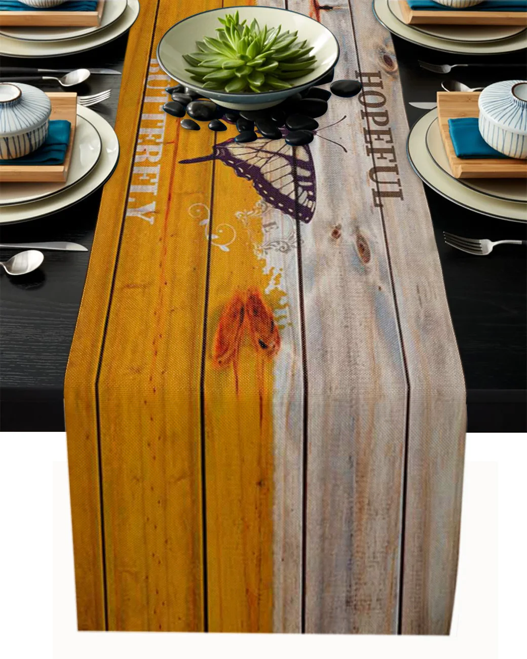 

Butterfly Wood Grain Retro Modern Table Runners Holiday Party Wedding Decoration Tablecloth Living Room Dining Table Accessories