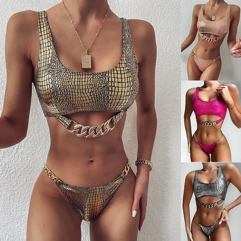 

2021 Hollow Sexy Bikini Push Up Beach Swimwear Women Padded Stroj kapielowy Female Monokini Maio Chain Badpak dames femme Swim