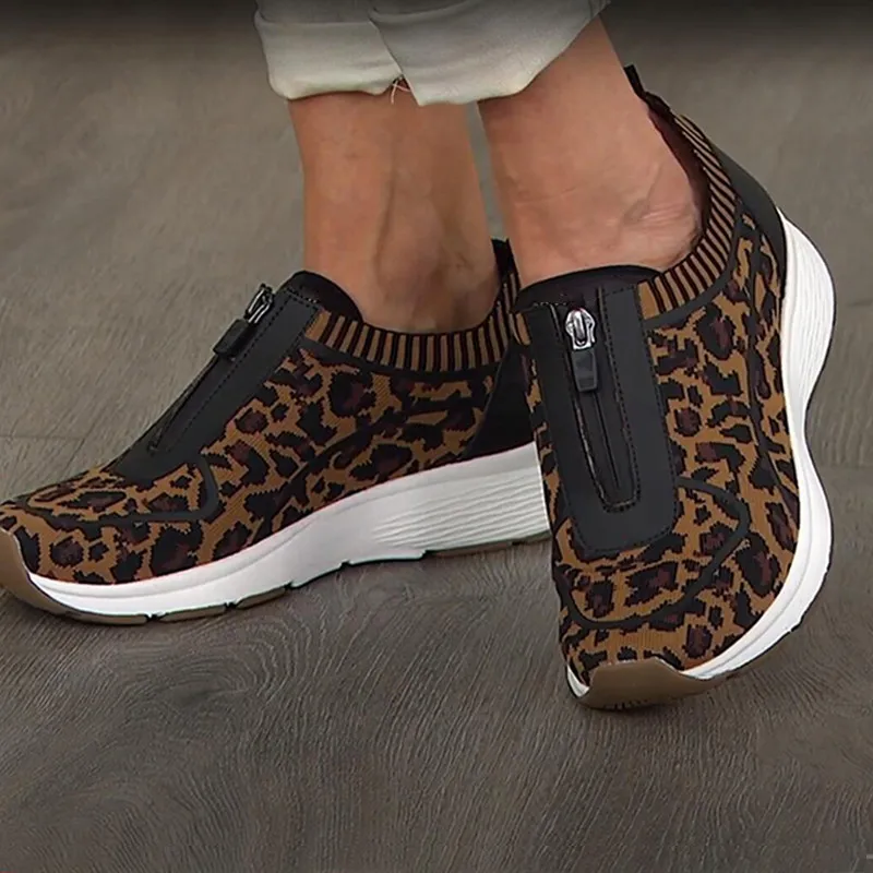 

Women Sport Shoes Fashion Summer Mesh Leopard Solid Color Casual Ladies Vulcanized Shoes Breathable Flats Zipper Female Sneakers