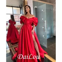gorgeous long satin evening dress red for bride with sleeves off the shoulder party sexy prom gowns with side slit 2021