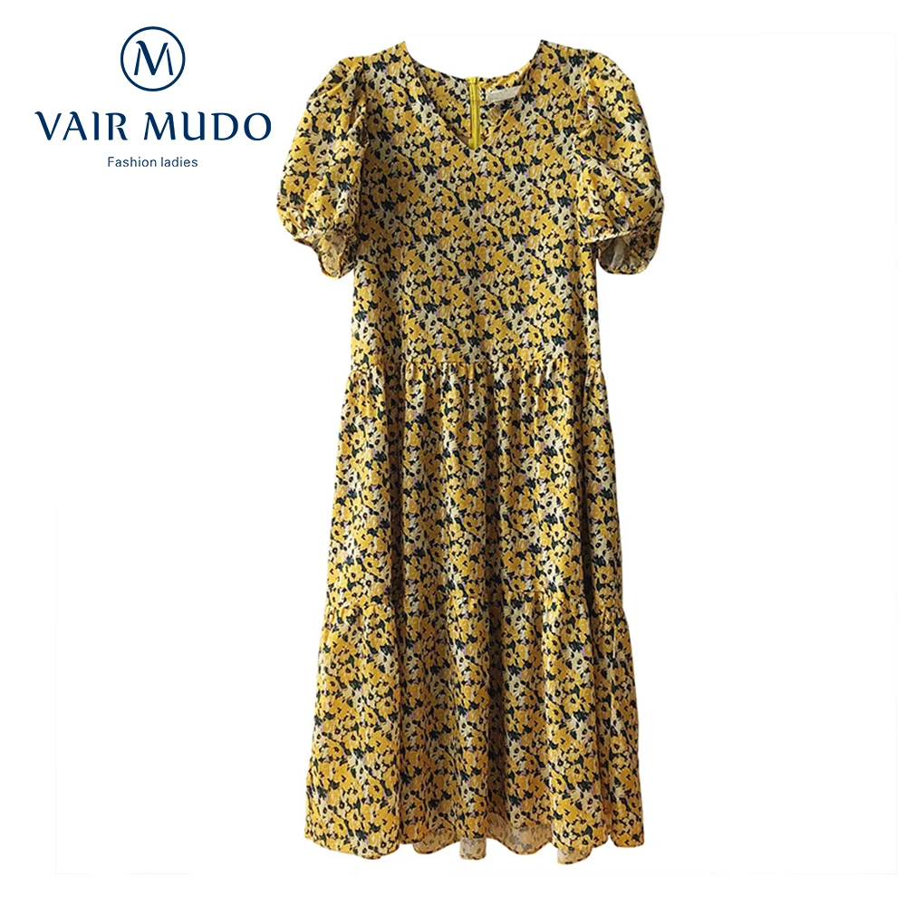

2021 New Summer Women Dress V-neck Yellow Small Floral Dress Small Girl Retro Fresh A-Line Big Long Skirt Women Elegant Y-306