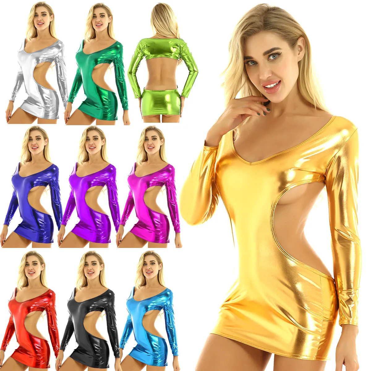 Женское блестящее металлическое нижнее белье с глубоким V образным вырезом