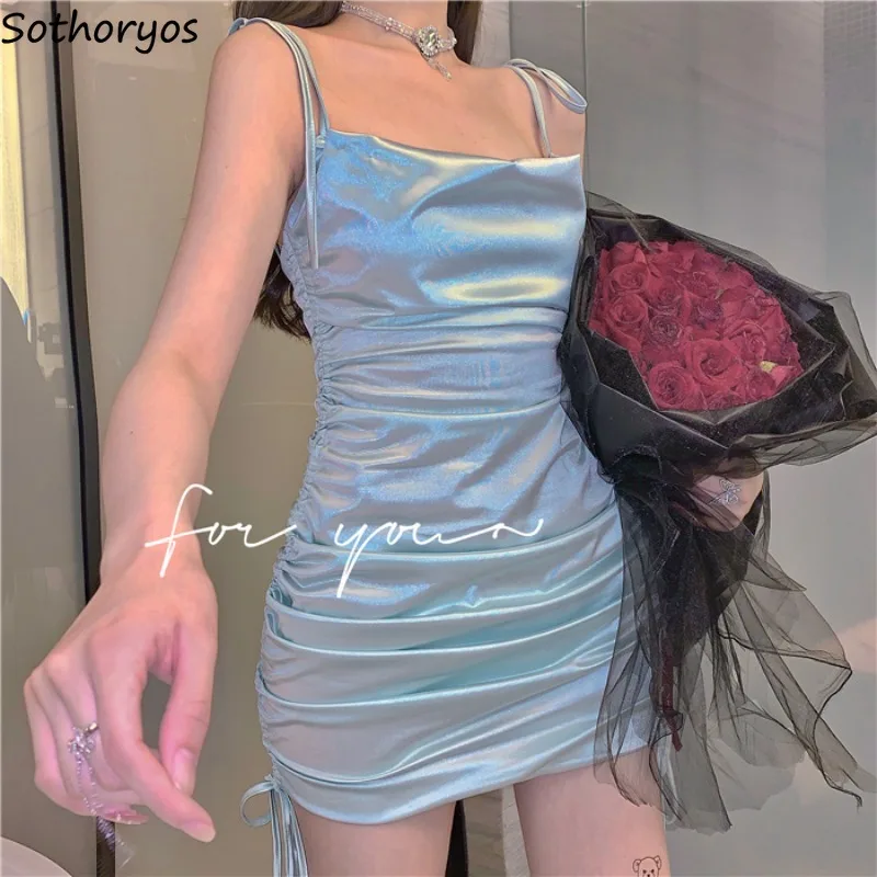 

Women Sleeveless Dress Spaghetti Strap Slim Skinny Pleated Sexy Bodycon Slash Neck Mini Length Korean Style Fashion Ulzzang Chic